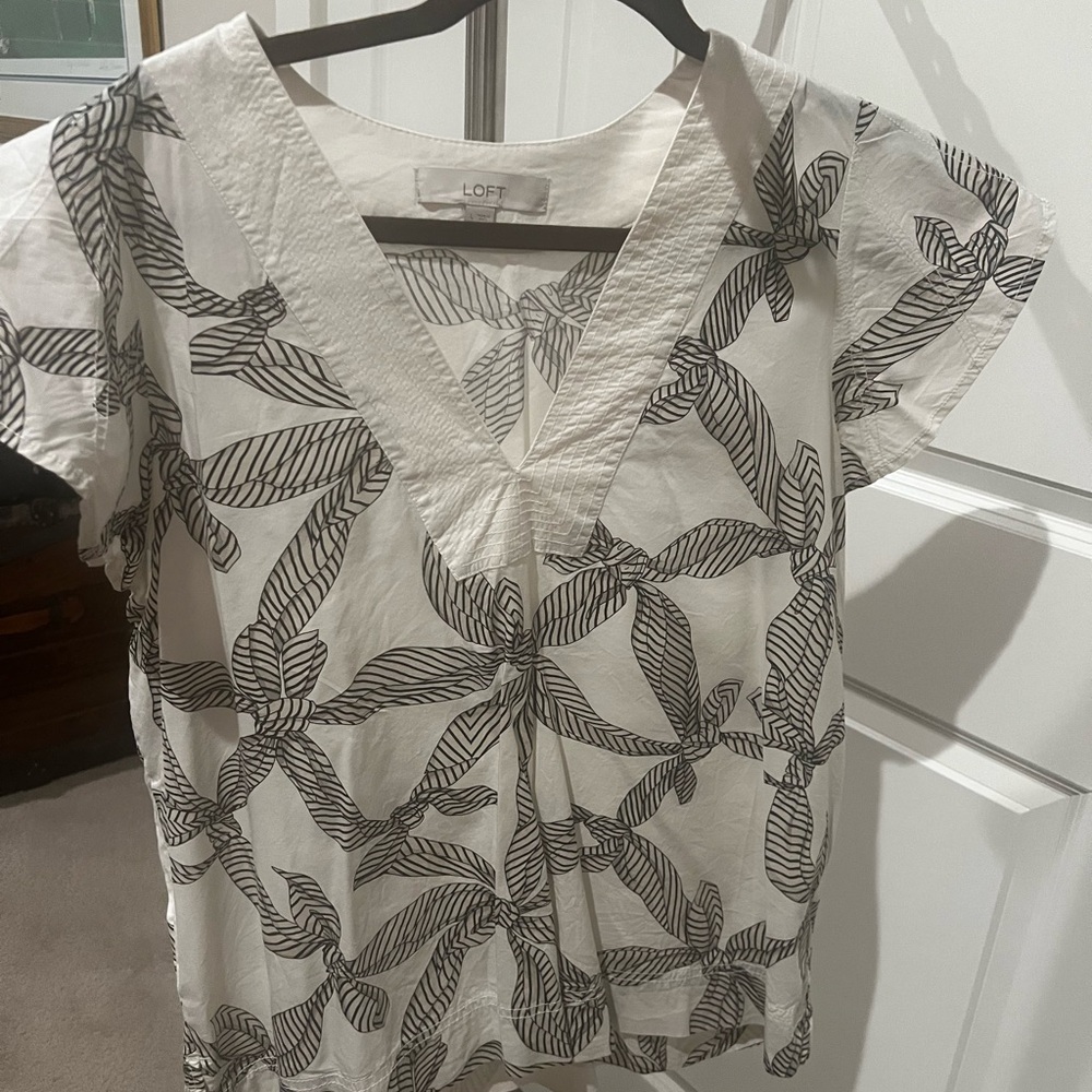 LOFT Cream Top with Black Leaf Pattern